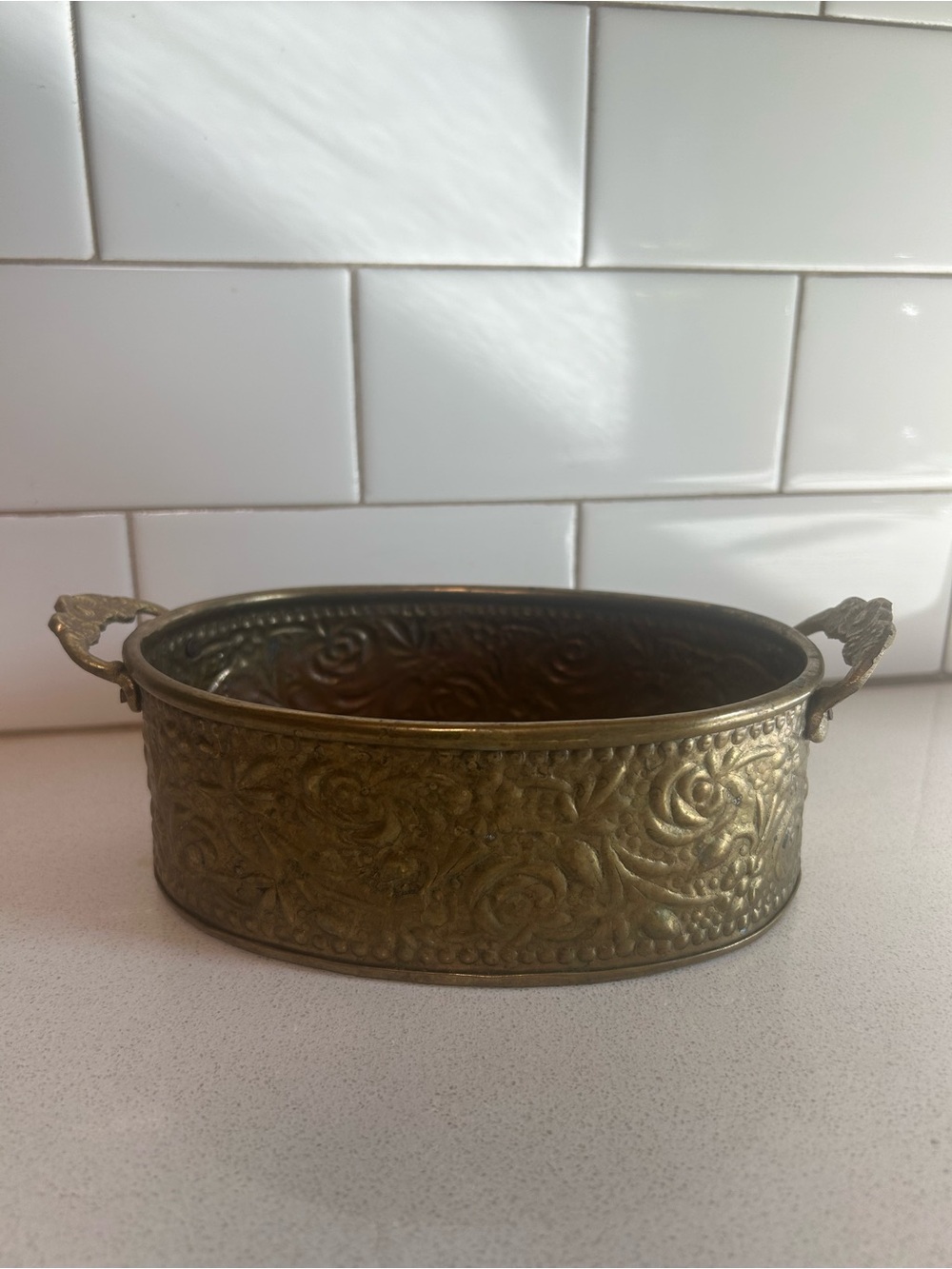 vintage hammered/embossed brass oval planter or cachepot